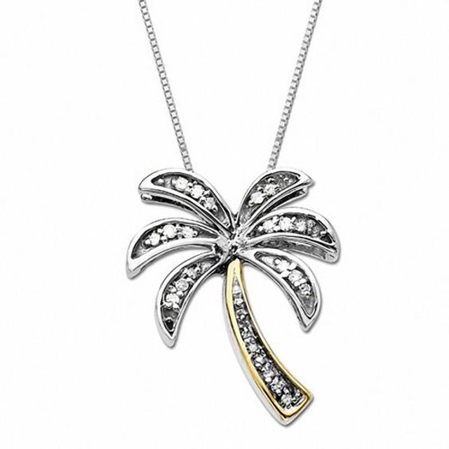 1/10 CT. T.w. Diamond Palm Tree Necklace in Sterling Silver and 14K Gold