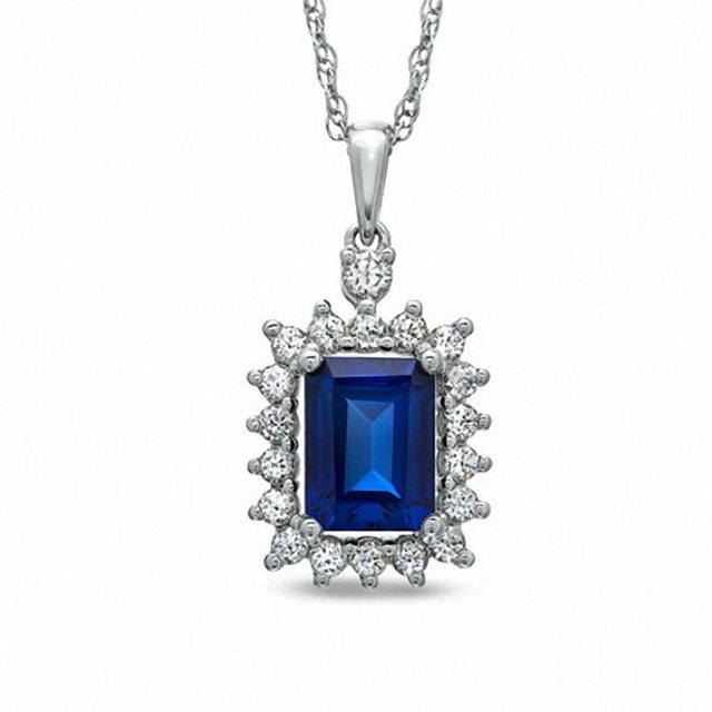 Emerald-Cut Lab-Created Blue and White Sapphire Pendant in Sterling Silver