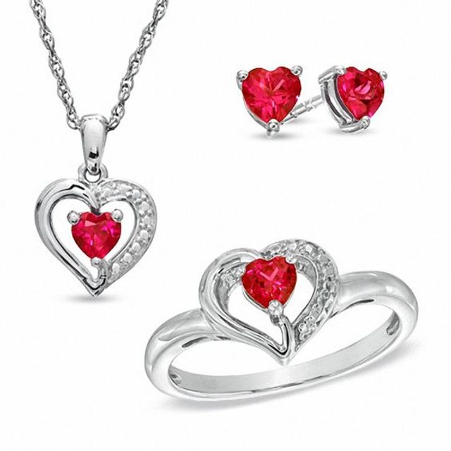 Lab-Created Ruby Heart Pendant, Ring and Earrings Set in Sterling Silver
