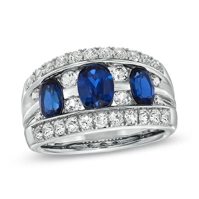 Oval Lab-Created Blue and White Sapphire Three Stone Ring in Sterling Silver
