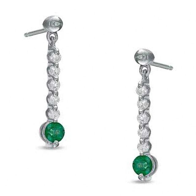 3.0mm Emerald and 1/7 CT. T.w. Diamond Line Drop Earrings in 10K White Gold