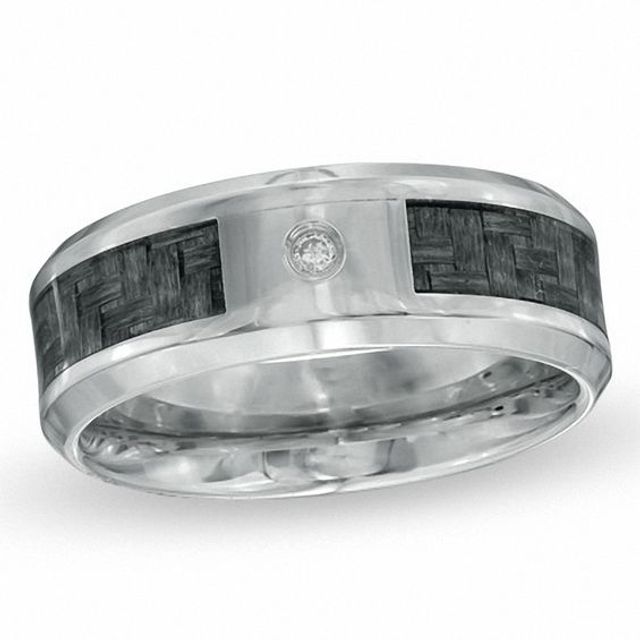 9.0mm Diamond Accent Solitaire Comfort Fit Wedding Band in Stainless Steel and Grey Carbon Fiber