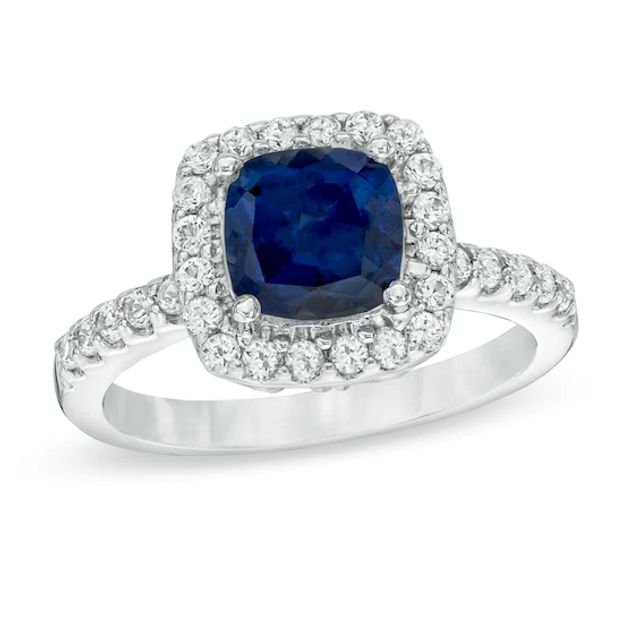 7.0mm Cushion-Cut Lab-Created Blue and White Sapphire Frame Ring in Sterling Silver