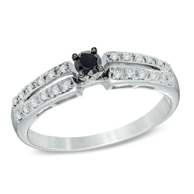 1/4 CT. T.w. Enhanced Black and White Diamond Split Shank Promise Ring in 10K White Gold