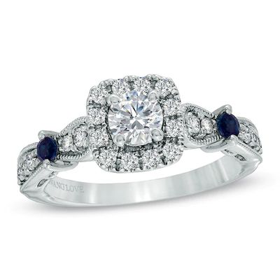 Vera Wang Love Collection 3/4 CT. T.w. Diamond and Blue Sapphire Vintage-Style Ring in 14K White Gold