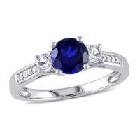 6.0mm Lab-Created Blue and White Sapphire Three Stone Engagement Ring 10K Gold with Diamond Accents
