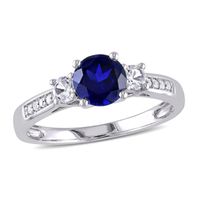 6.0mm Lab-Created Blue and White Sapphire Three Stone Engagement Ring in 10K White Gold with Diamond Accents