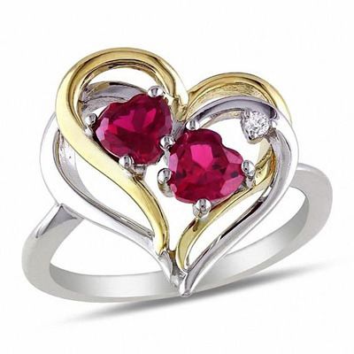 Heart-Shaped Lab-Created Ruby and Diamond Accent Double Heart Ring Two-Tone Sterling Silver