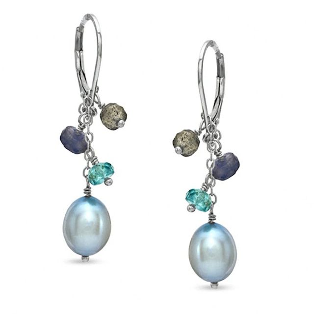 Honora 7.5-8.0mm Sky Blue Freshwater Cultured Pearl and Multi-Gemstone Earrings in Sterling Silver