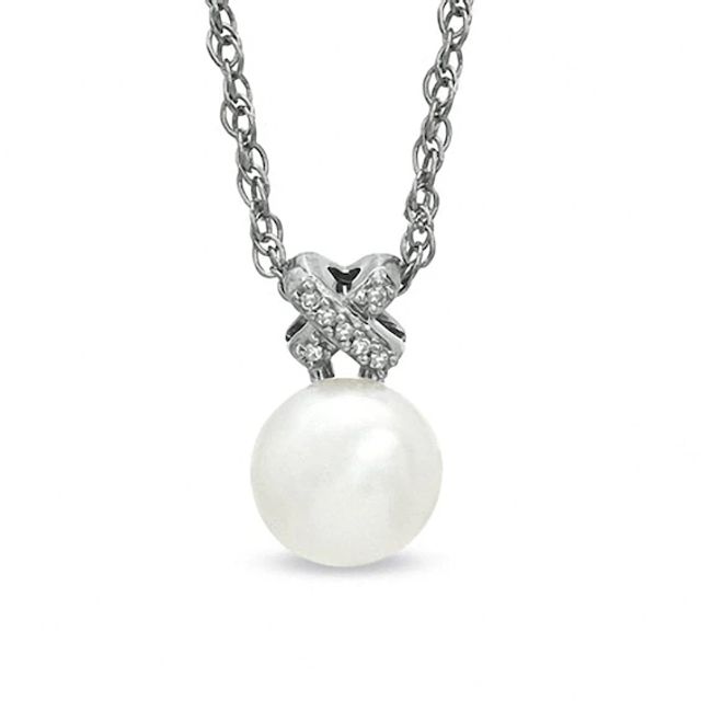 Honora 7.5-8.0mm Freshwater Cultured Pearl and Diamond Accent "X" Pendant in Sterling Silver