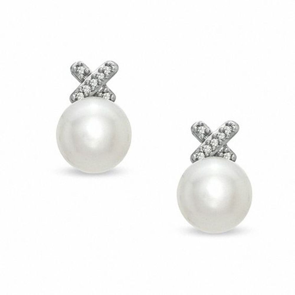 Honora 7.0-7.5mm Freshwater Cultured Pearl and Diamond Accent "X" Earrings in Sterling Silver