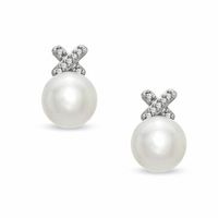 Honora 7.0-7.5mm Freshwater Cultured Pearl and Diamond Accent "X" Earrings in Sterling Silver