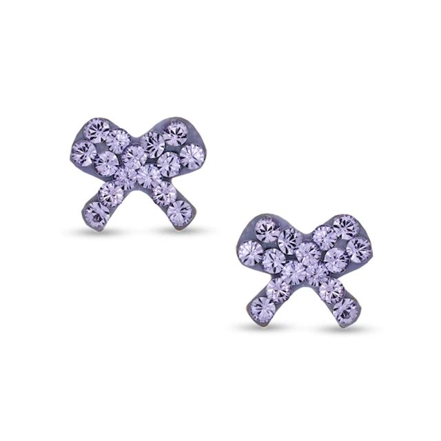 Child's Purple Crystal Bow Earrings in 14K Gold