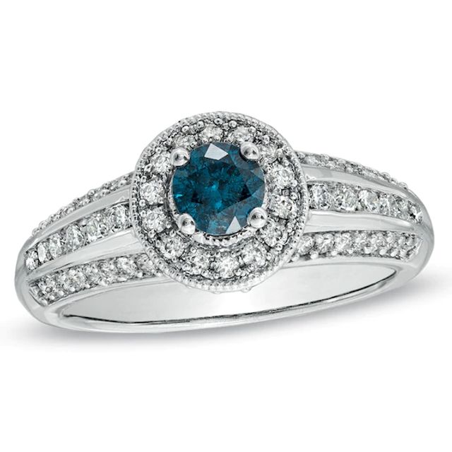 1 CT. T.w. Enhanced Blue and White Diamond Engagement Ring in 14K White Gold