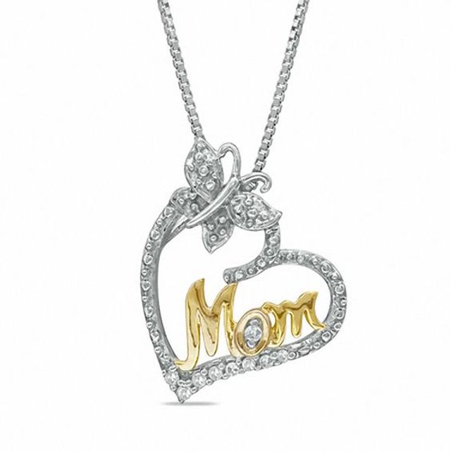 Diamond Accent Heart with Mom Pendant in Sterling Silver and 14K Gold Plate