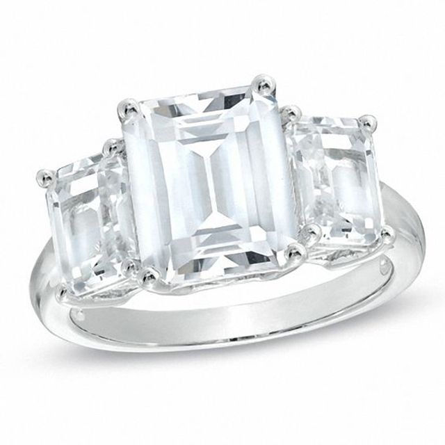 Emerald-Cut Lab-Created White Sapphire Three Stone Ring in Sterling Silver