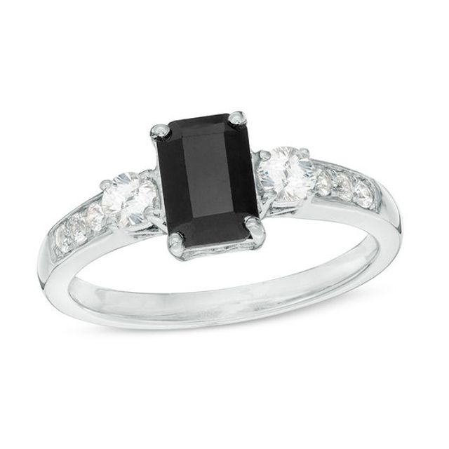Emerald-Cut Black and White Sapphire Three Stone Ring Sterling Silver