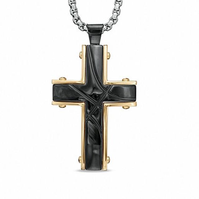 Men's Large Grooved Cross Pendant in Two-Tone Stainless Steel - 30"