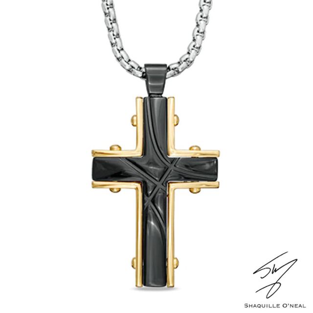 Men's Grooved Cross Pendant in Two-Tone Stainless Steel - 24"