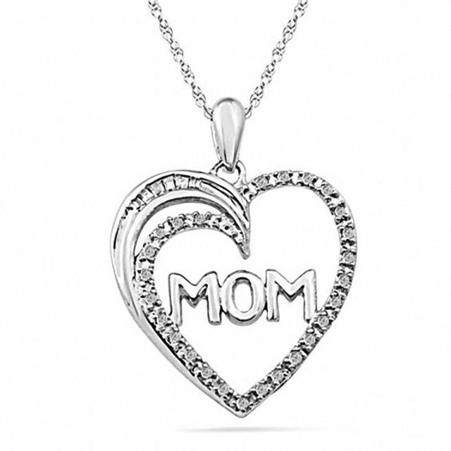 1/10 CT. T.w. Baguette and Round Diamond Mom Heart Pendant in Sterling Silver