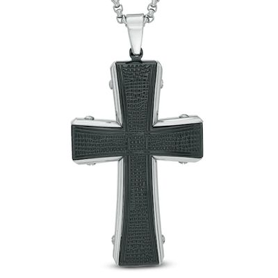 Men's Textured Cross Pendant in Two-Tone Stainless Steel - 36"