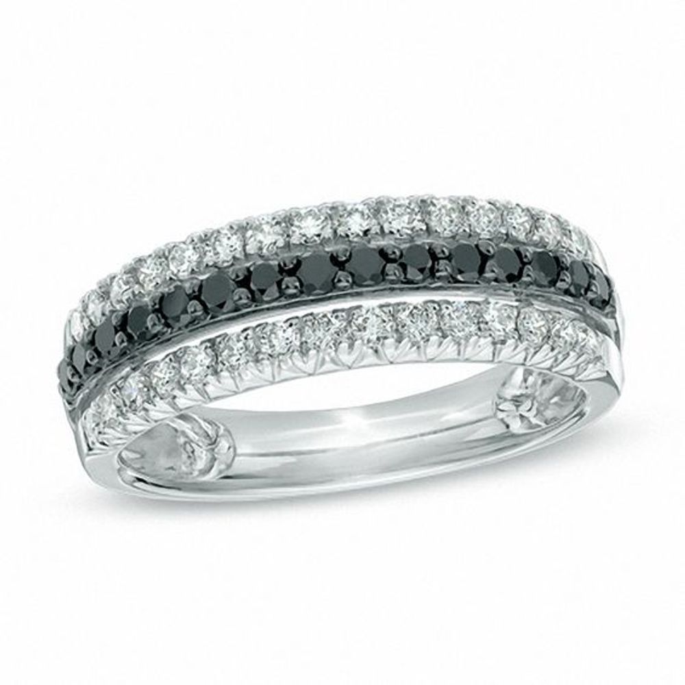 3/4 CT. T.w. Enhanced Black and White Diamond Triple Row Band in 10K White Gold