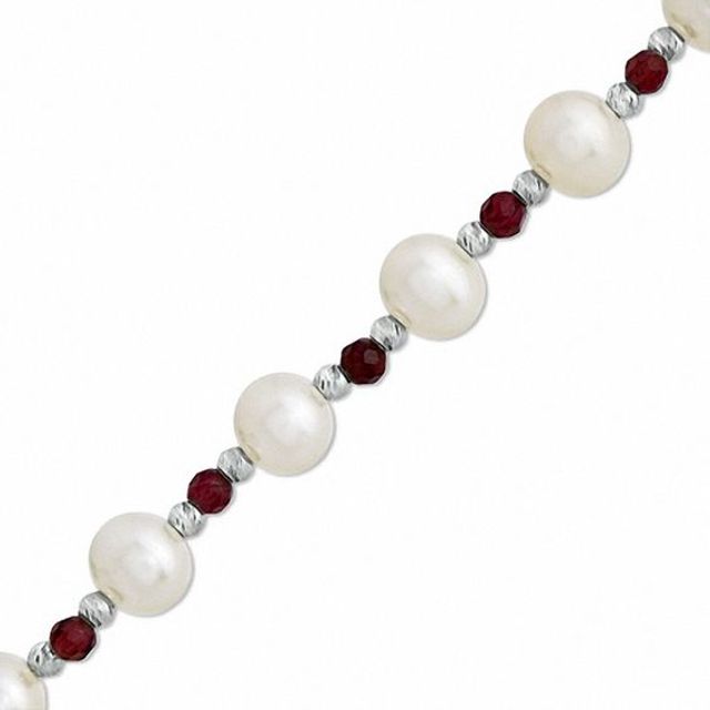 8.0-9.0mm Freshwater Cultured Pearl, Garnet and Brilliance Bead Bracelet in Sterling Silver-7.5"
