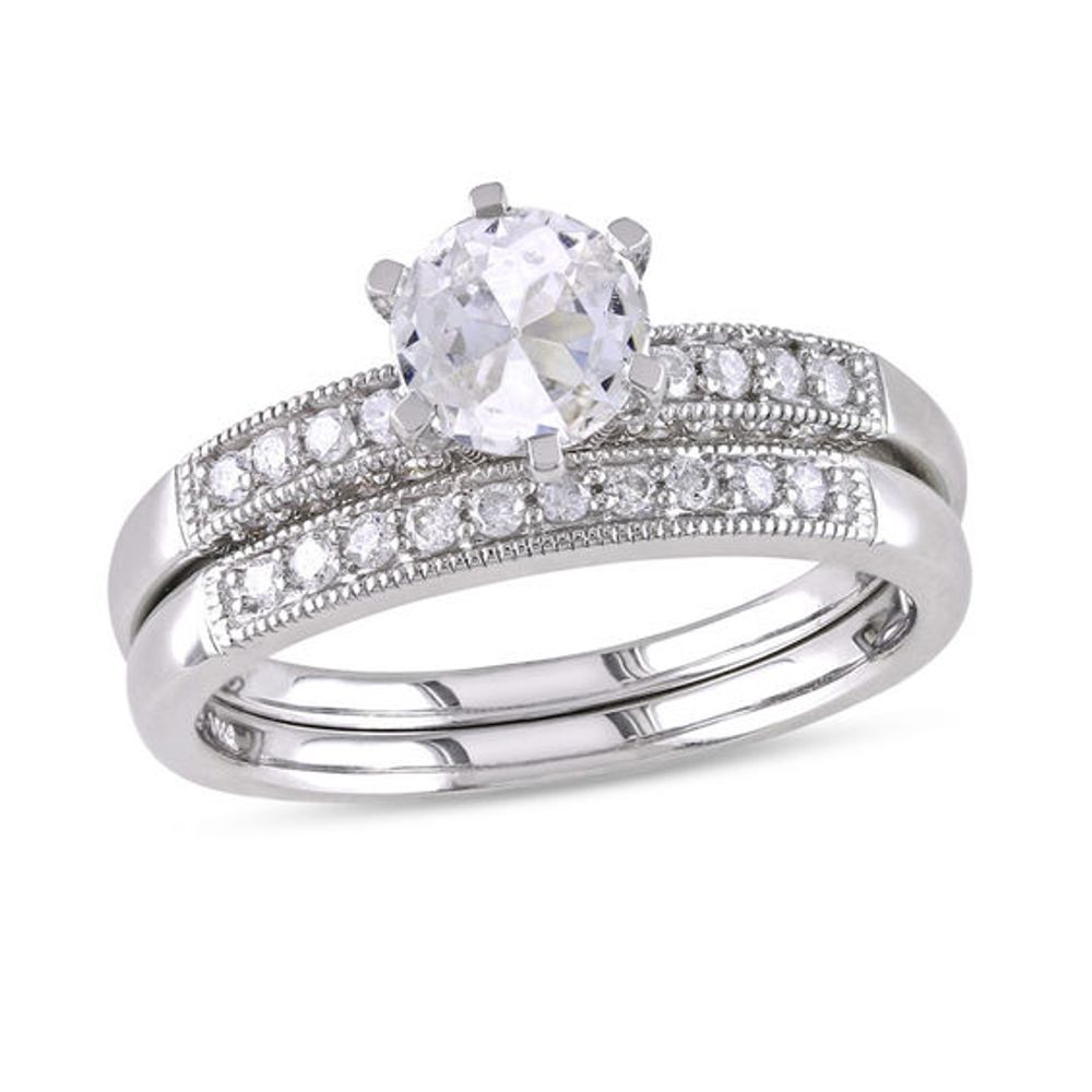 6.5mm Lab-Created White Sapphire and 1/3 CT. T.w. Diamond Bridal Set in 10K White Gold