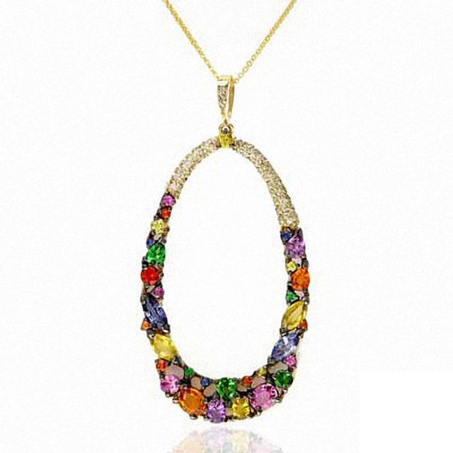 Effyâ¢ Collection Multi-Color Sapphire, Tsavorite and 1/3 CT. T.w. Diamond Oval Pendant in 14K Gold