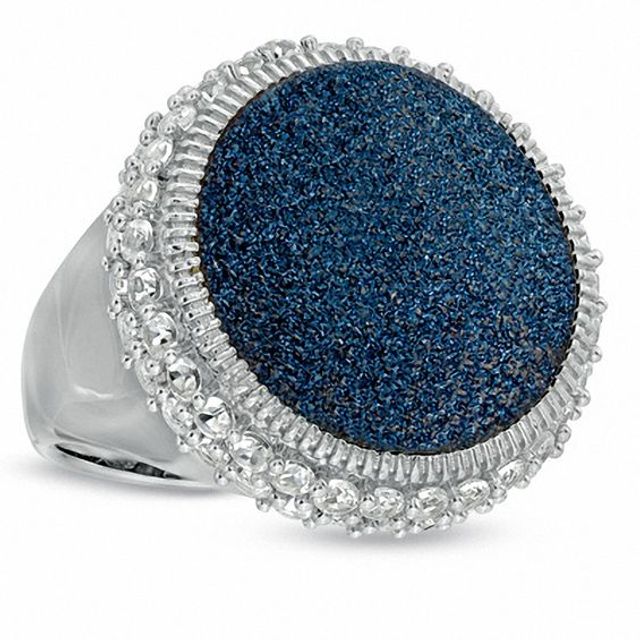 18.0mm Blue Drusy Quartz and Lab-Created White Sapphire Ring in Sterling Silver