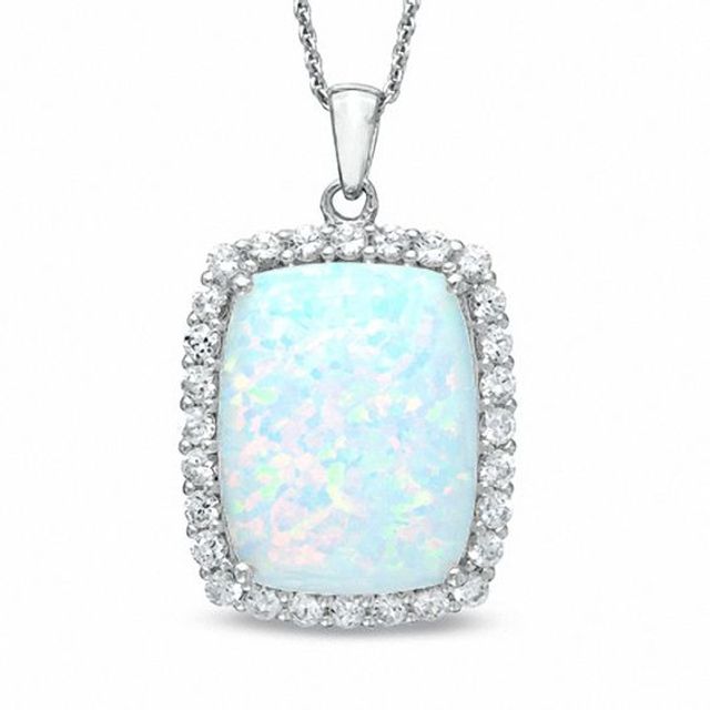 Cushion-Cut Lab-Created Opal and White Sapphire Frame Pendant in Sterling Silver