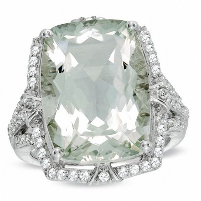 Zales Emerald-Cut Green Quartz and White Topaz Ring in Sterling Silver