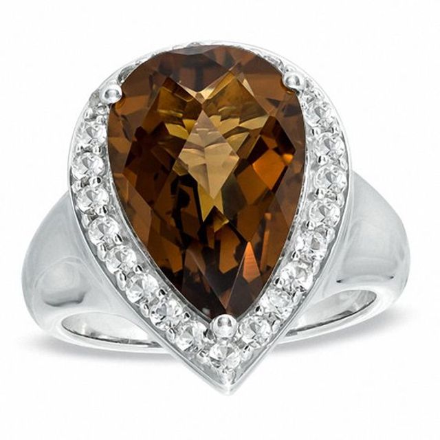 Pear-Shaped Cognac Quartz and Lab-Created White Sapphire Ring in Sterling Silver