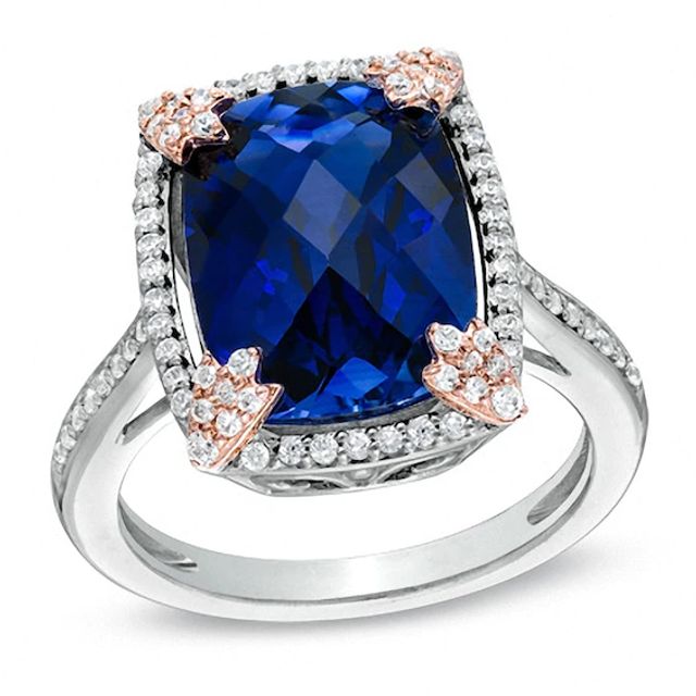 Cushion-Cut Lab-Created Blue and White Sapphire Ring in Two-Tone Sterling Silver