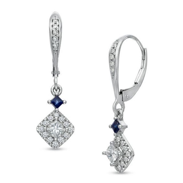 Vera Wang Love Collection 1/2 CT. T.w. Princess-Cut Diamond and Blue Sapphire Drop Earrings in 14K White Gold