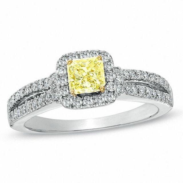 1 CT. T.w. Certified Cushion-Cut Yellow Diamond Frame Engagement Ring in 18K White Gold (P/Si2)