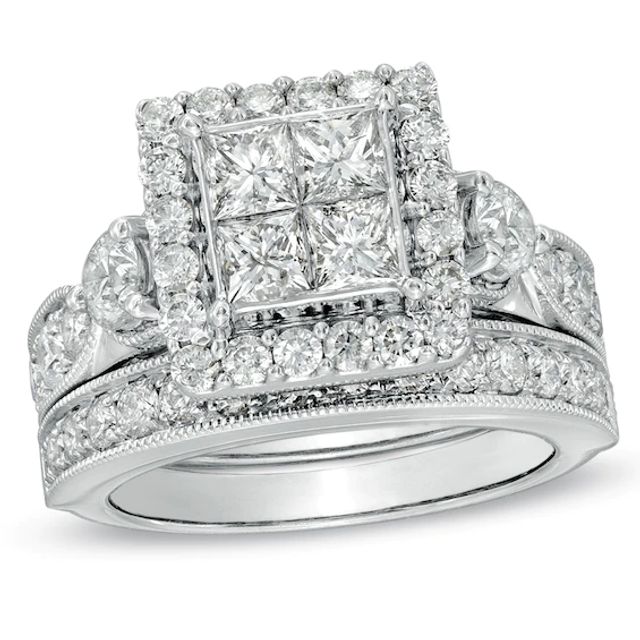 3 CT. T.w. Princess-Cut Quad Diamond Square Frame Bridal Set in 14K White Gold