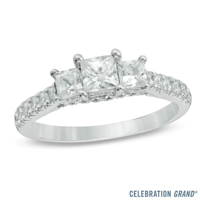 Celebration Ideal 1-1/5 CT. T.w. Princess-Cut Certified Diamond Three Stone Ring in 14K White Gold (J/I1)