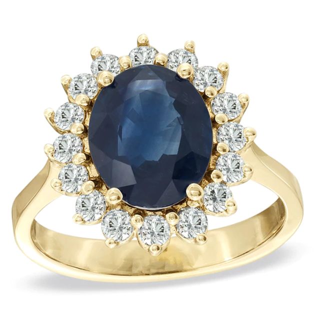 Oval Blue Sapphire and 1/2 CT. T.w. Diamond Frame Engagement Ring in 14K Gold