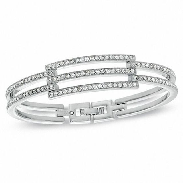 AVA Nadri Crystal Hinged Multi-Row Bangle in White Rhodium Brass