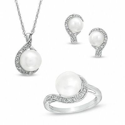 7.0-9.0mm Freshwater Cultured Pearl and Diamond Accent Pendant, Ring and Earrings Set in Sterling Silver