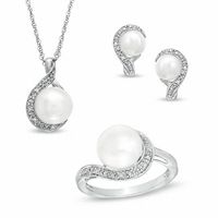 7.0-9.0mm Freshwater Cultured Pearl and Diamond Accent Pendant, Ring and Earrings Set in Sterling Silver