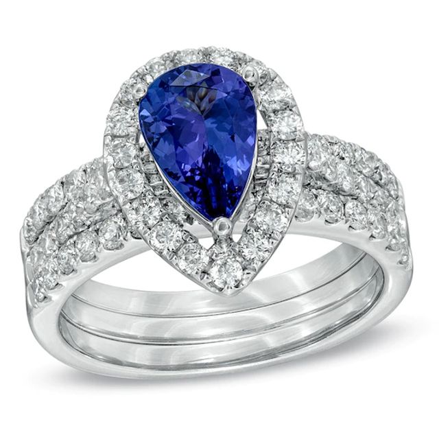 Certified Pear-Shaped Tanzanite and 1-1/5 CT. T.w. Diamond Three-Piece Bridal Set in 14K White Gold