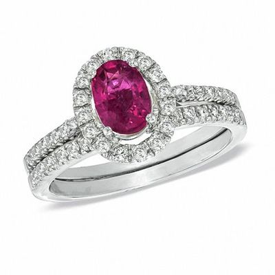 Certified Oval Pink Tourmaline and 1/2 CT. T.w. Diamond Bridal Set in 14K White Gold