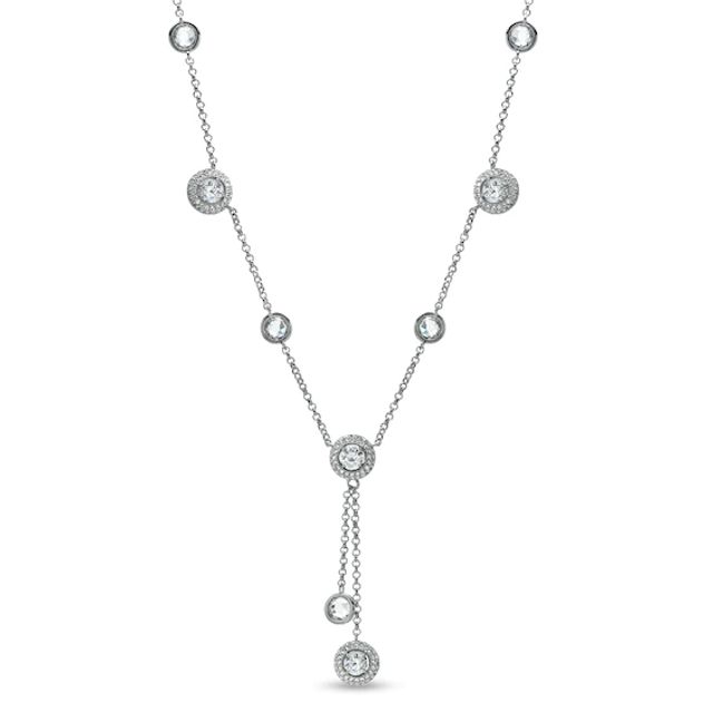 AVA Nadri Cubic Zirconia and Crystal Station Lariat Necklace in White Rhodium Brass