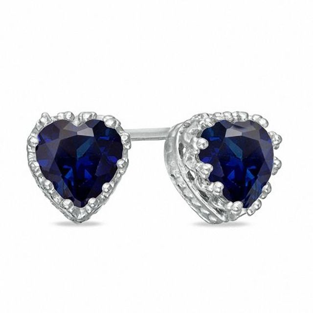 6.0mm Heart-Shaped Lab-Created Blue Sapphire Crown Earrings in Sterling Silver