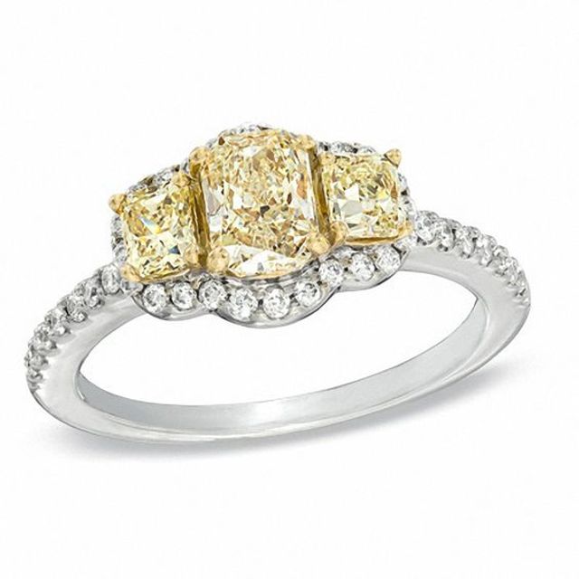 1-1/4 CT. T.w. Certified Yellow and White Diamond Three Stone Engagement Ring in 18K White Gold (P/Si2)