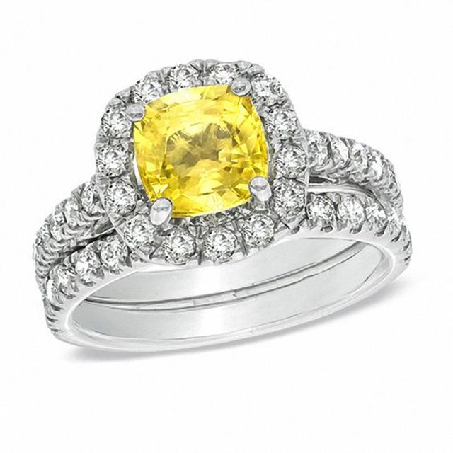 Certified Cushion-Cut Yellow Sapphire and 1-1/2 CT. T.w. Diamond Bridal Set in 14K White Gold