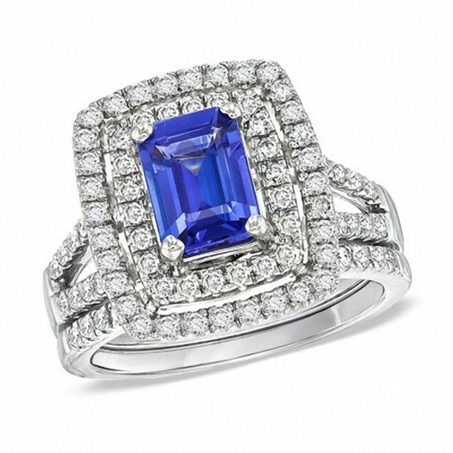 Certified Emerald-Cut Tanzanite and 7/8 CT. T.w. Diamond Bridal Set in 14K White Gold