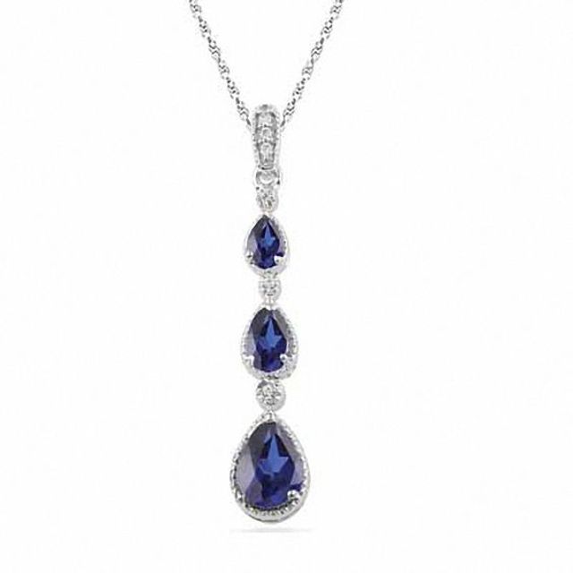 Pear-Shaped Lab-Created Blue Sapphire and Diamond Accent Drop Pendant in Sterling Silver